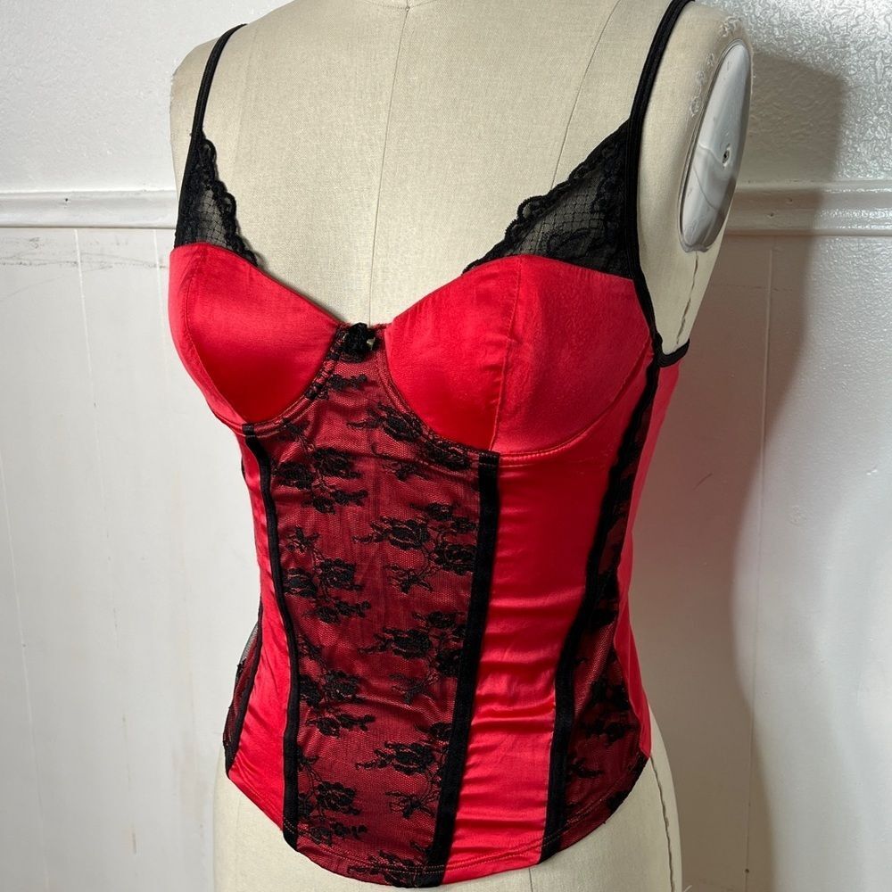 Vintage VA Victorias Secret red black lace padded corset top 34B